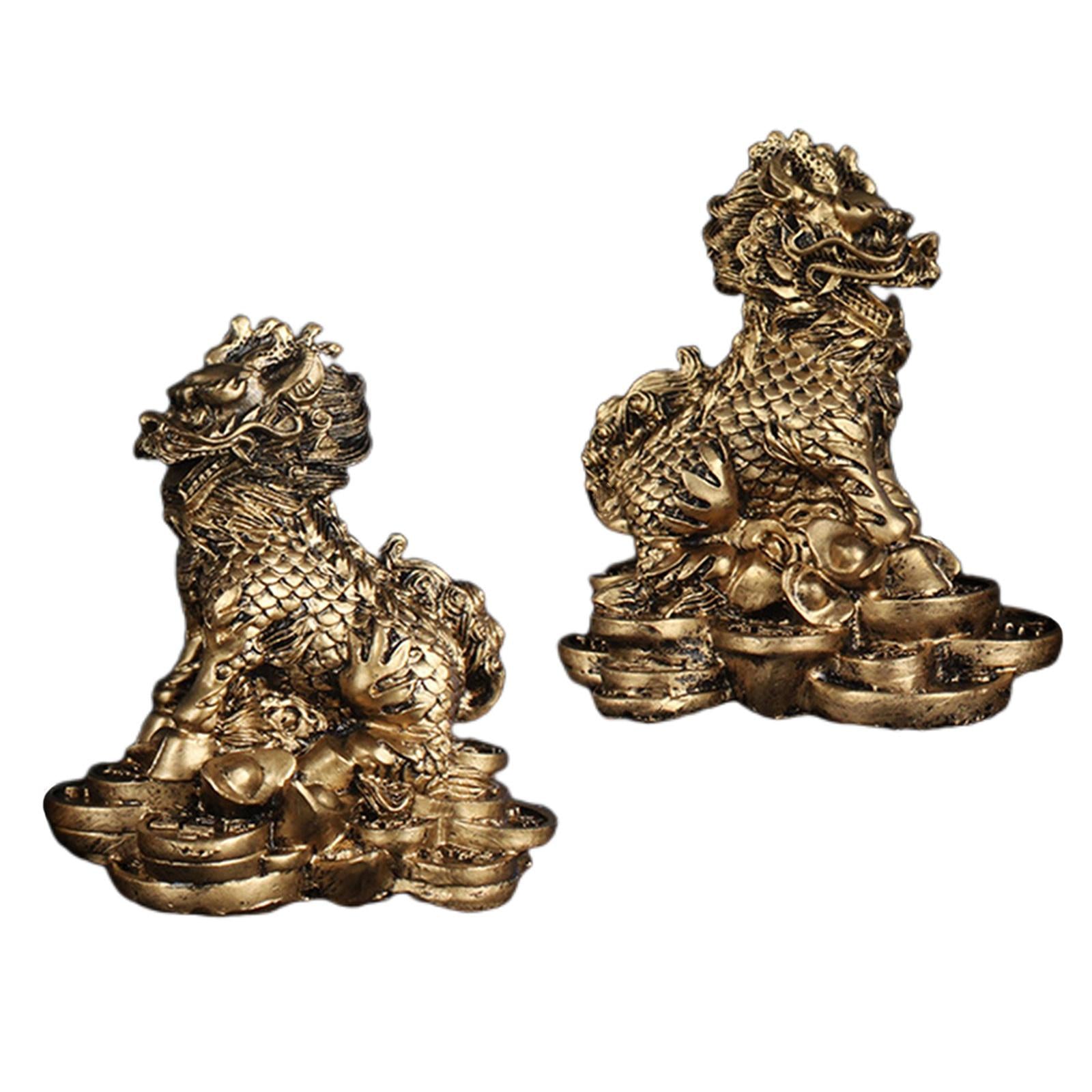 1 Pair Chinese Copper Fengshui Kylin Chi-lin Qilin God Beast Statue for Home Copper 9x9.5cm