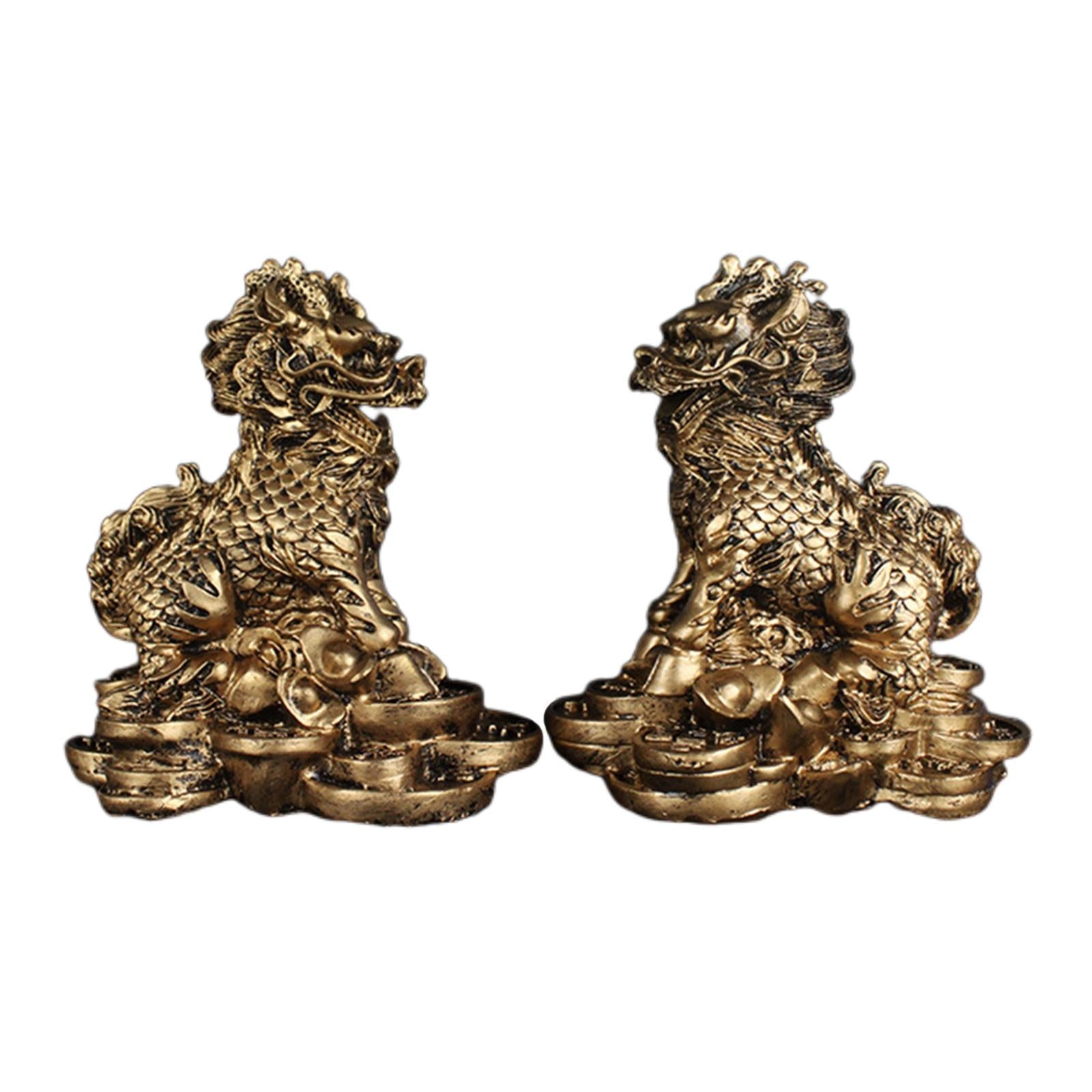 1 Pair Chinese Copper Fengshui Kylin Chi-lin Qilin God Beast Statue for Home Copper 9x9.5cm