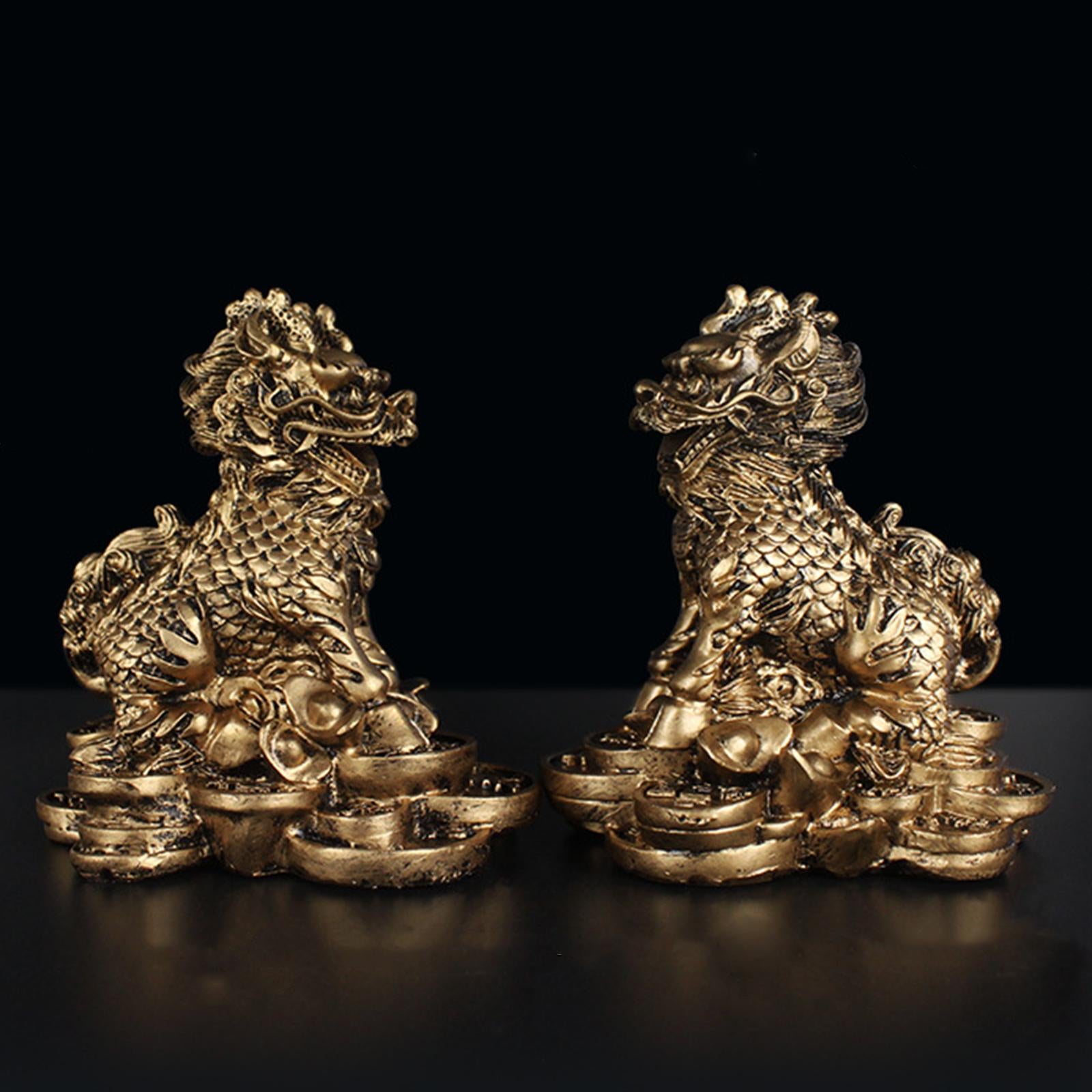 1 Pair Chinese Copper Fengshui Kylin Chi-lin Qilin God Beast Statue for Home Copper 9x9.5cm