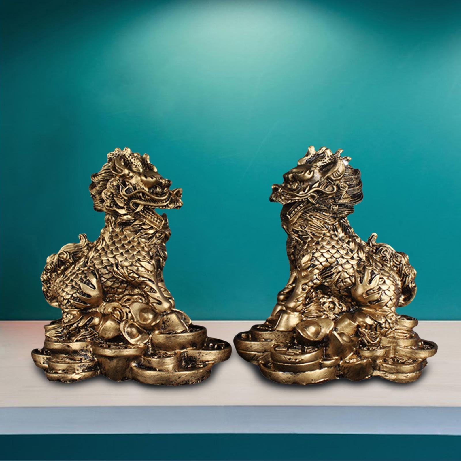 1 Pair Chinese Copper Fengshui Kylin Chi-lin Qilin God Beast Statue for Home Copper 9x9.5cm