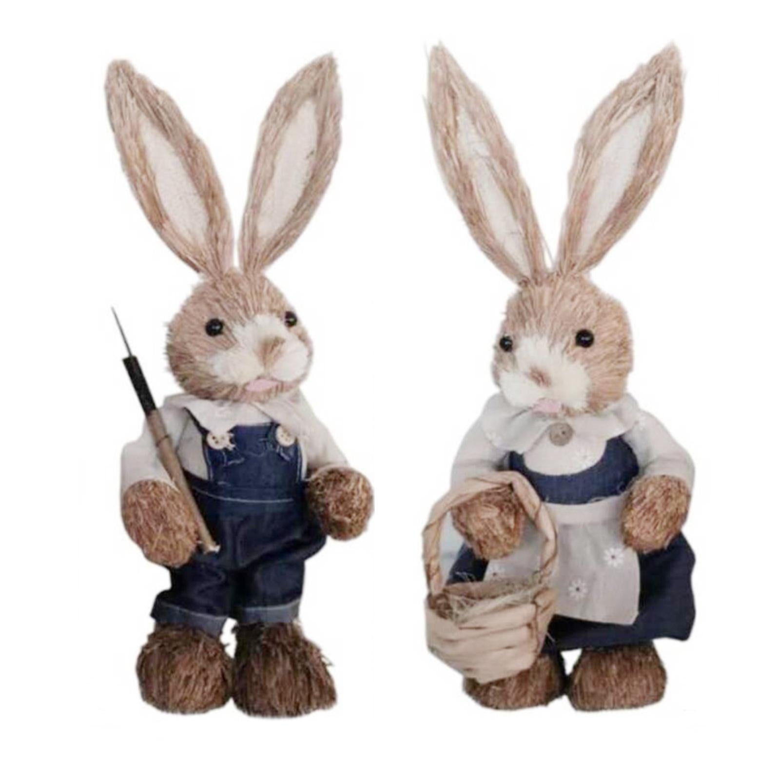 1 Pair Straw Easter Rabbit Decoration Bunny Figurines for Holiday Dark Blue