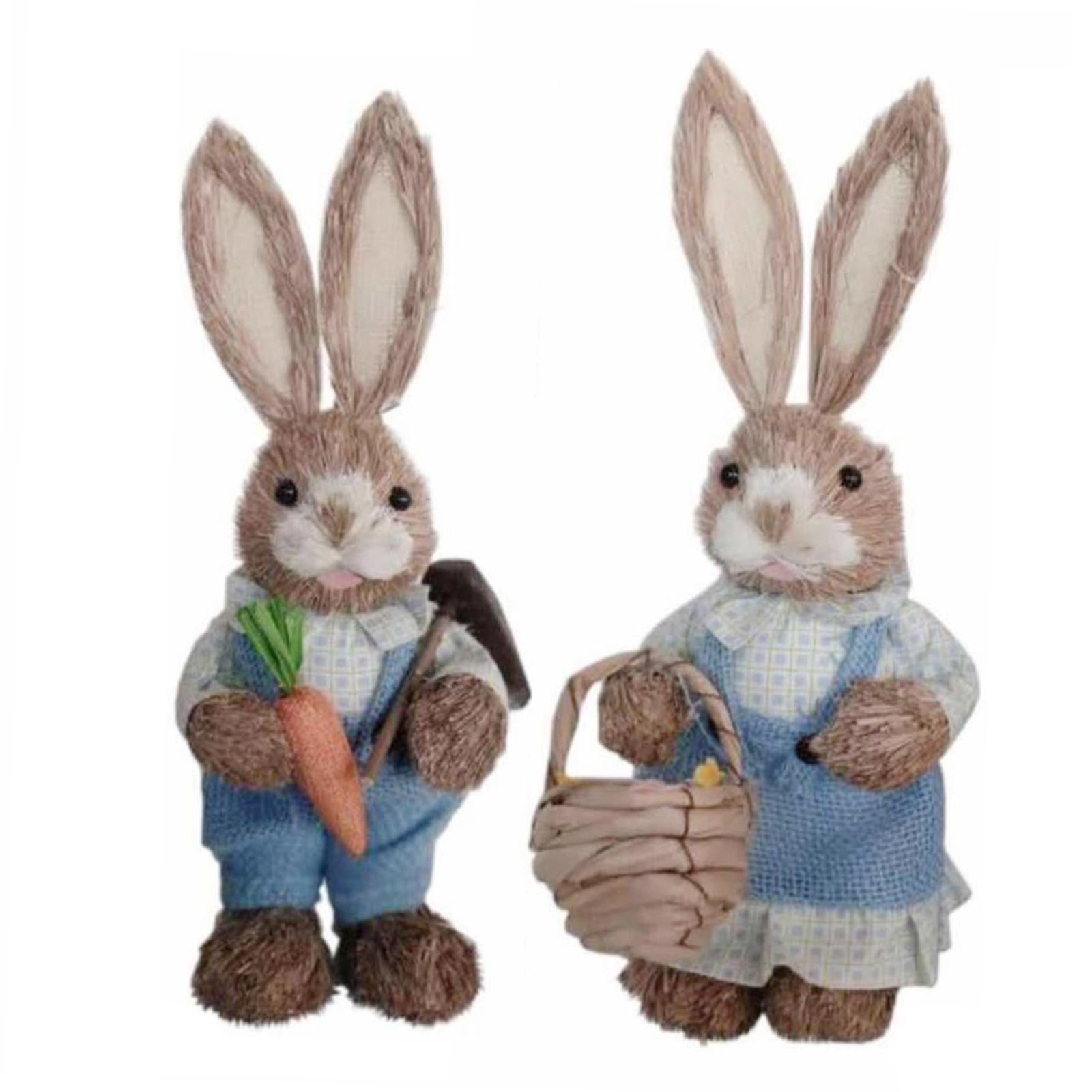 1 Pair Straw Easter Rabbit Decoration Bunny Figurines for Holiday Blue