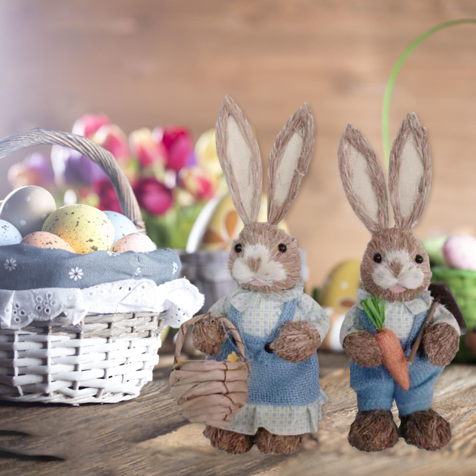1 Pair Straw Easter Rabbit Decoration Bunny Figurines for Holiday Blue