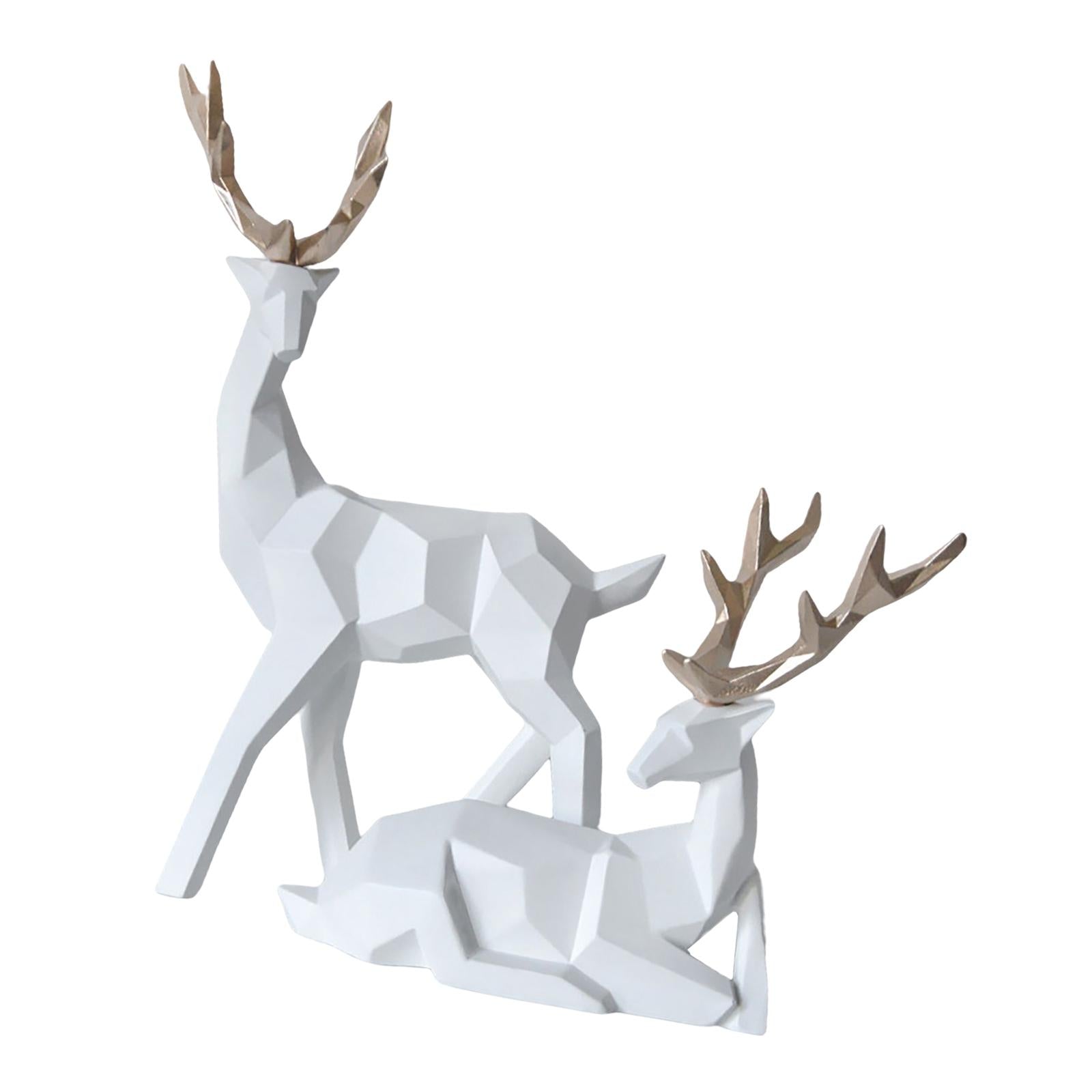 1 Pair Geometric Deer Statue Resin Elk Sculpture for Porch Decor White