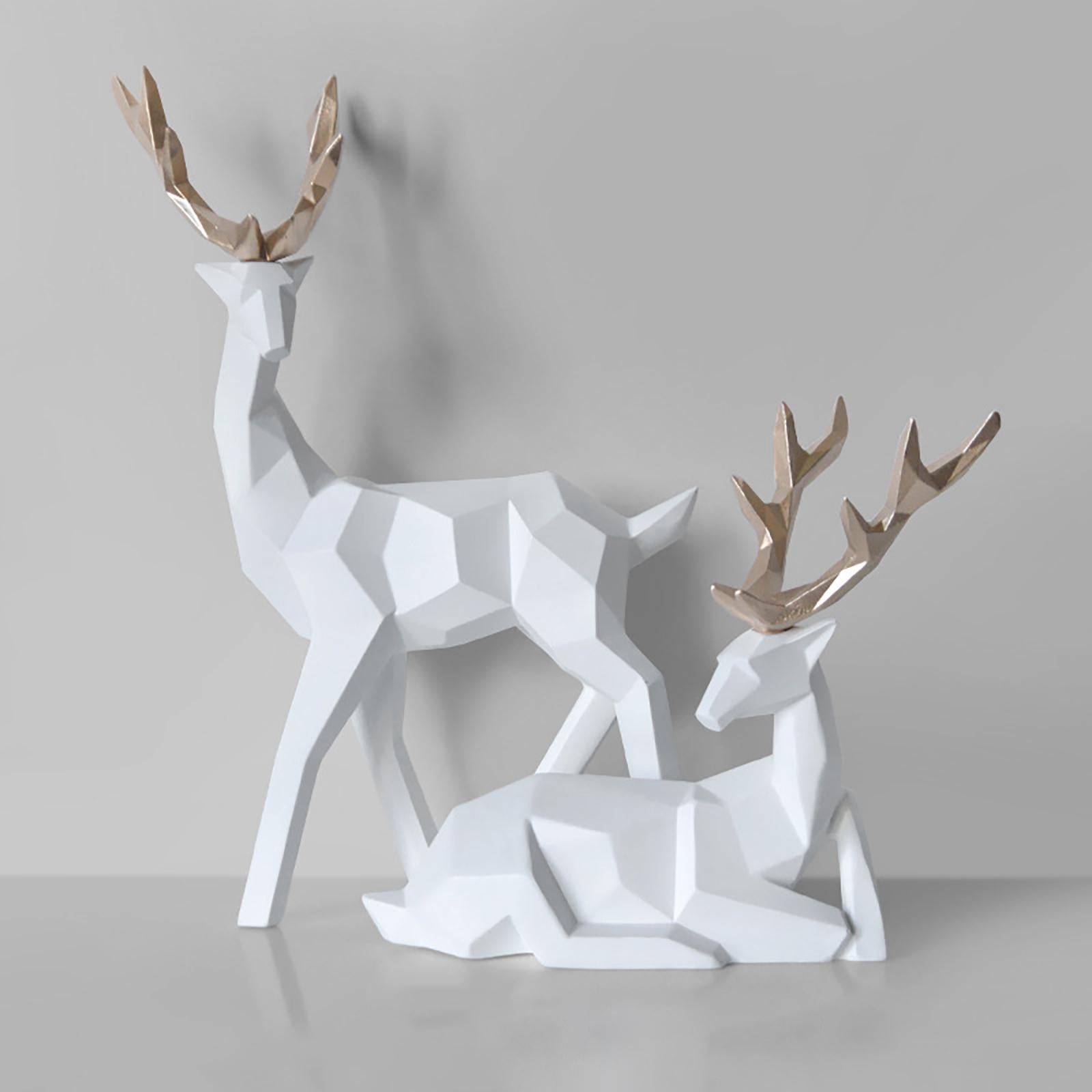 1 Pair Geometric Deer Statue Resin Elk Sculpture for Porch Decor White