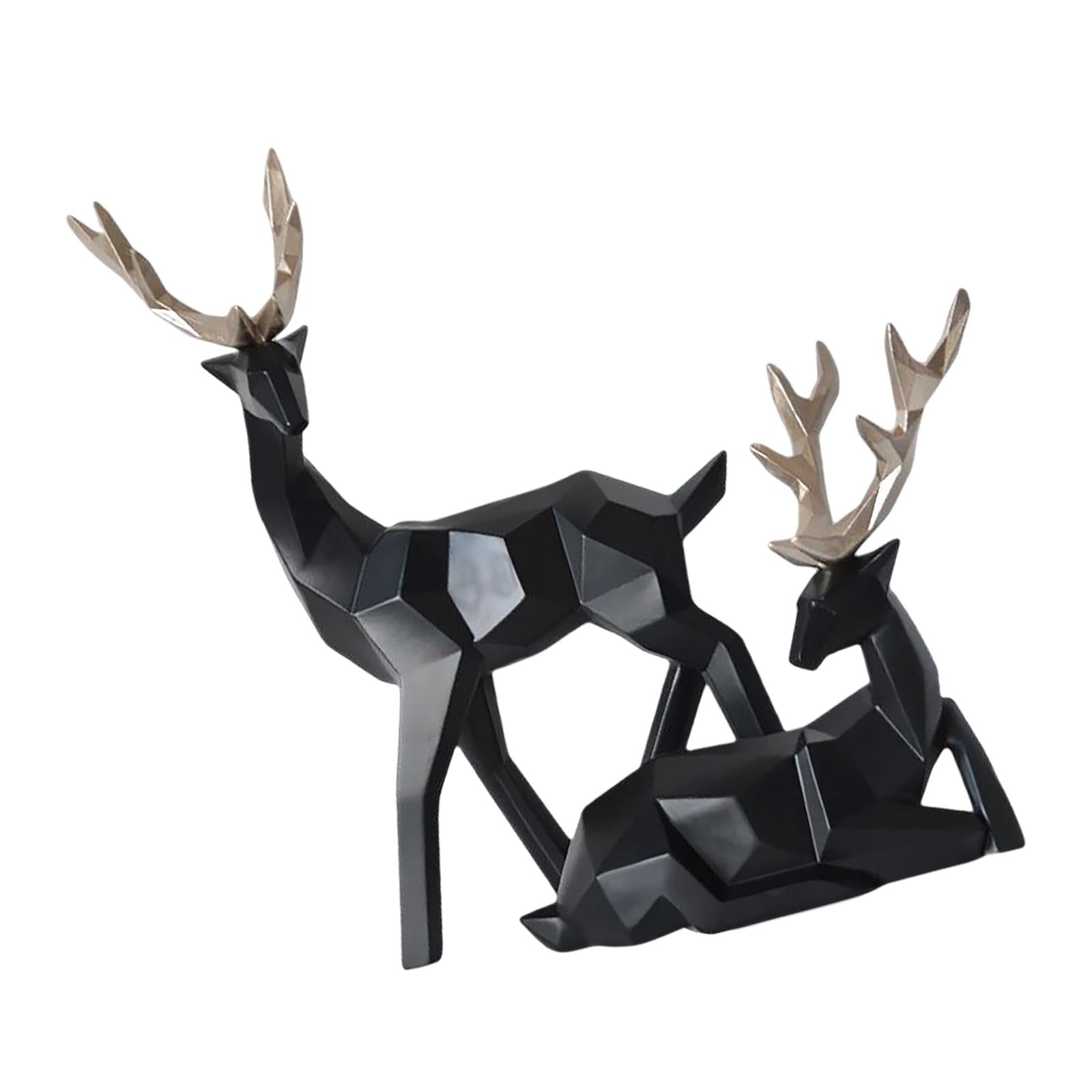 1 Pair Geometric Deer Statue Resin Elk Sculpture for Porch Decor Black