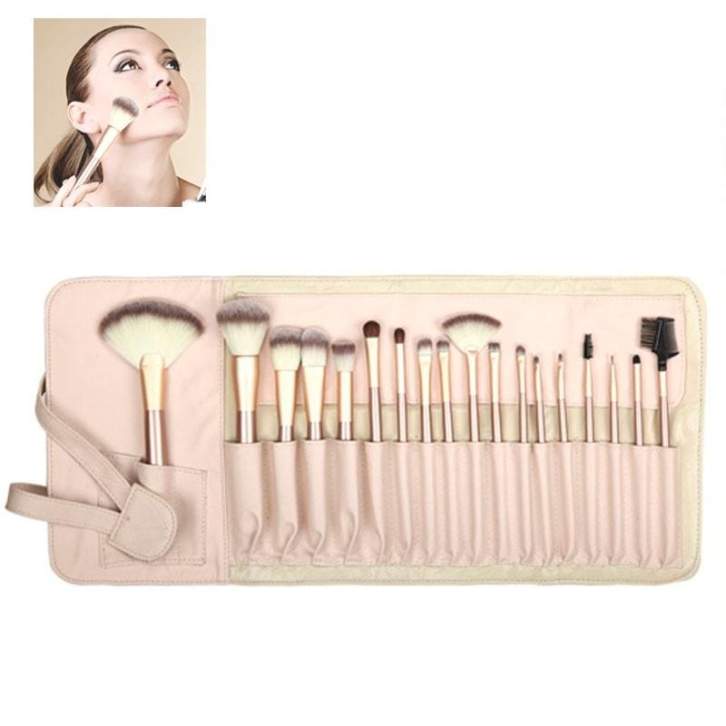 18PCS Three-color Nylon Hair Golden Handle Makeup Brush Set with PU Leather White Pouch