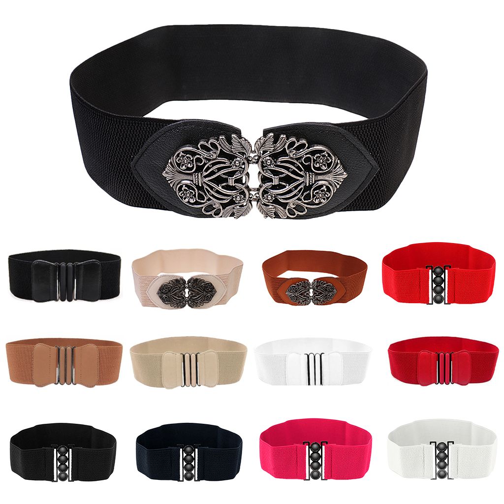 Womens Ladies PU Leather Wide Elastic Buckle waist belt Black