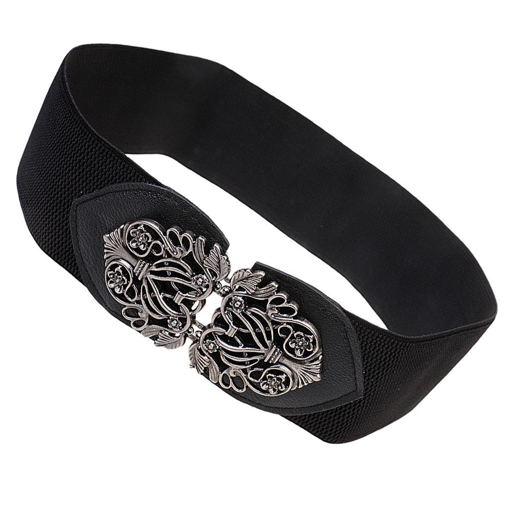 Womens Ladies PU Leather Wide Elastic Buckle waist belt Black