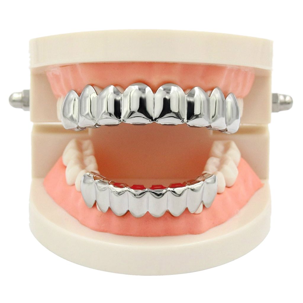 18K Hip-Hop Top/Bottom Mouth Teeth Grills Unisex White - Top Grills