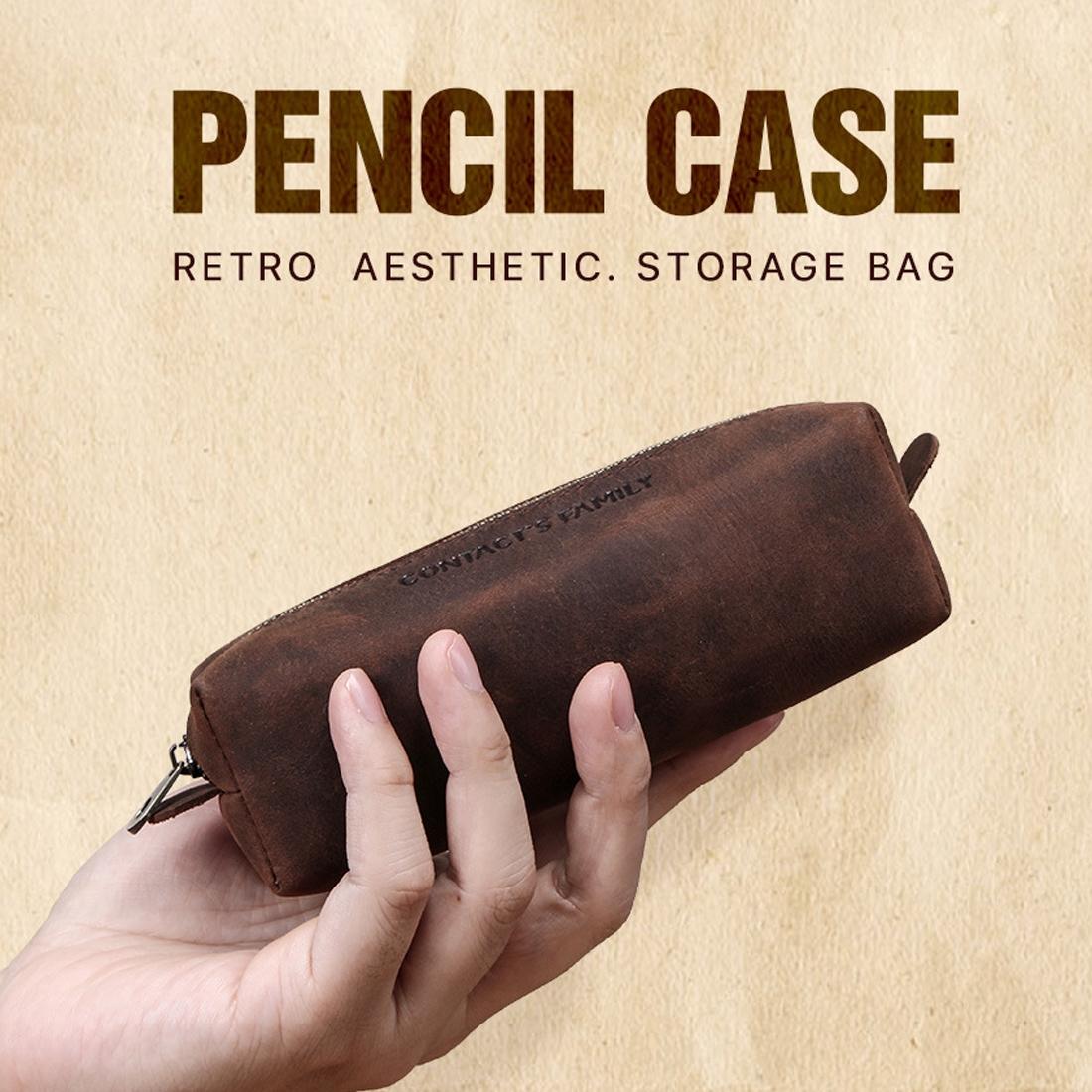 CONTACTS FAMILY CF9001 Simple Retro Crazy Horse Leather Zipper Pencil Case Pen Bag (Coffee)