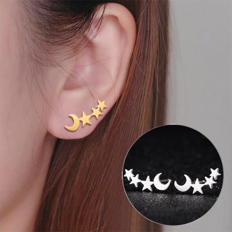 Simple Moon Star Stud Earrings for Women Birthday Gift Jewelry (Silver)