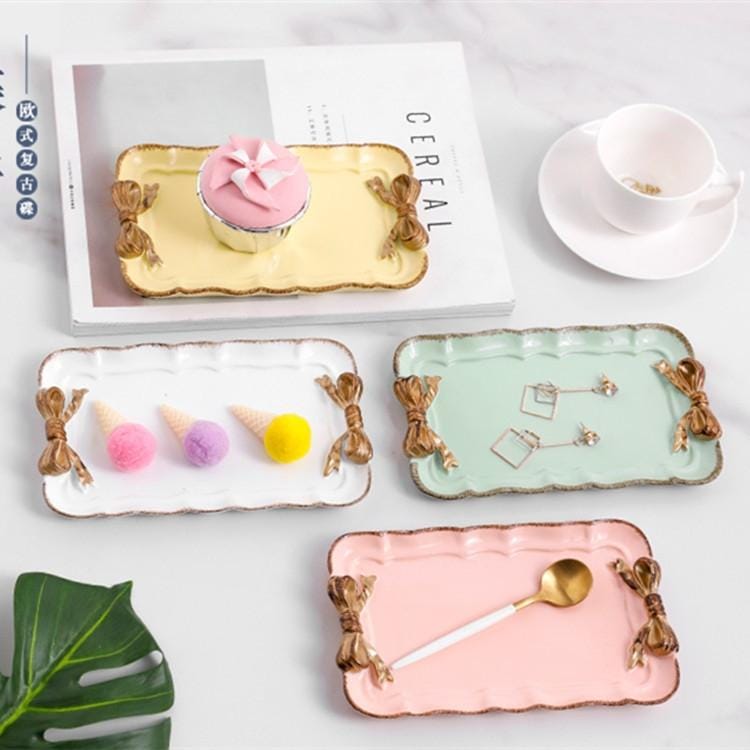 Rectangle Cute Bow Cake Dessert Small Plate Towel Dish Small Jewelry Storage Tray (White)