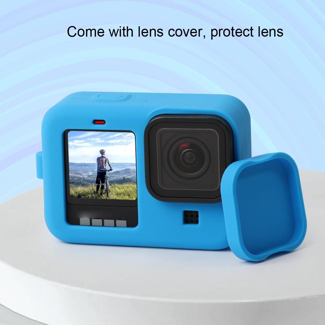 For GoPro HERO9 Black Silicone Protective Case Cover with Wrist Strap & Lens Cover (Black)