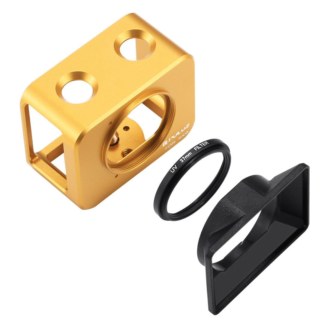 PULUZ for Sony RX0 Aluminum Alloy Protective Cage + 37mm UV Filter Lens + Lens Sunshade with Screws and Screwdrivers (Gold)