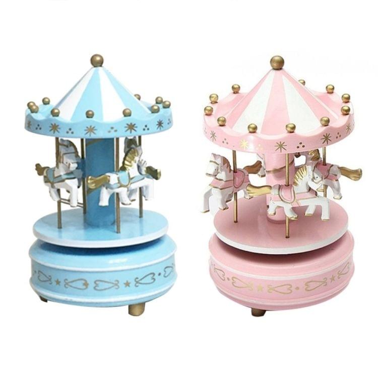 Wooden Music Box Toy Home Decor Carousel Horse Music Box(Blue)