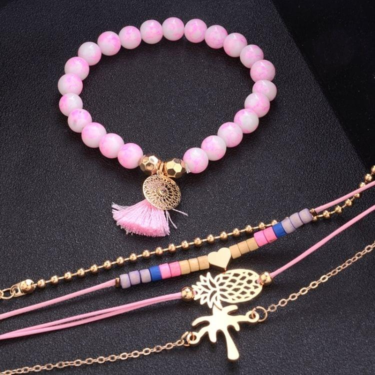 5 PCS/Set Boho Women Pineapple Tassels Dreamcatcher Heart Coconut Tree Chain Bead Bracelet