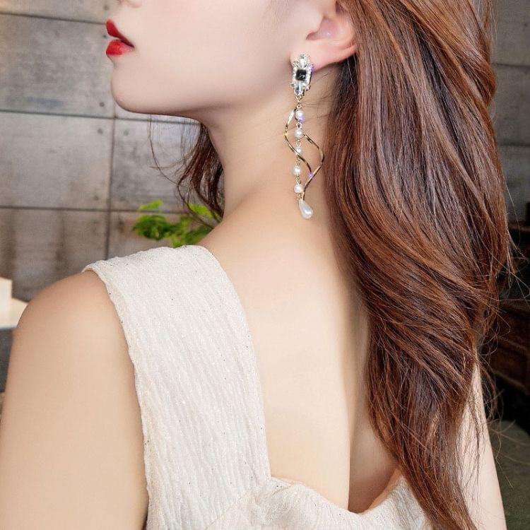 Women Spiral Design Elegant Crystal Pearl Long Earrings Fashion Jewelry