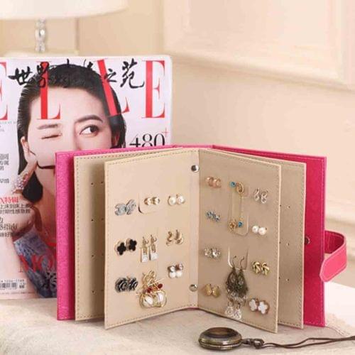 Leather Originality Ear Nail Storage Organizer Book Earring Cabinet Gift Case (Magenta)