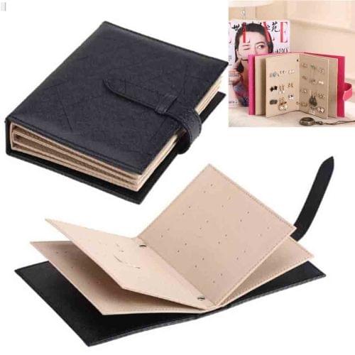 Leather Originality Ear Nail Storage Organizer Book Earring Cabinet Gift Case (Black)