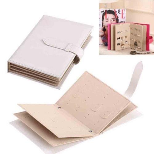 Leather Originality Ear Nail Storage Organizer Book Earring Cabinet Gift Case (White)