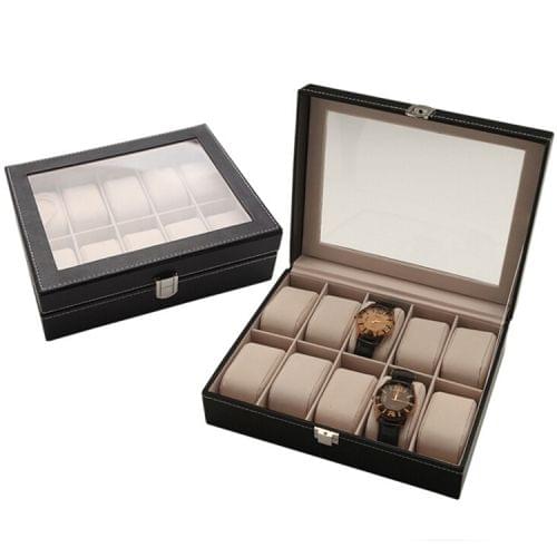 Watch Box 10 Slots Pu Leather Display Glass Top Jewelry Case Organizer Box(Black)