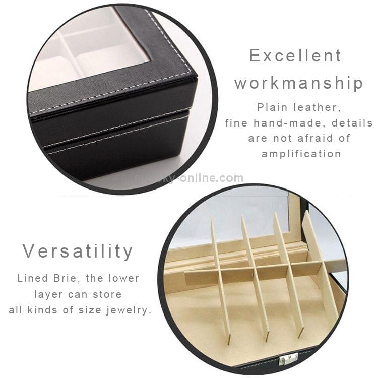 Watch Box 10 Slots Pu Leather Display Glass Top Jewelry Case Organizer Box(Black)