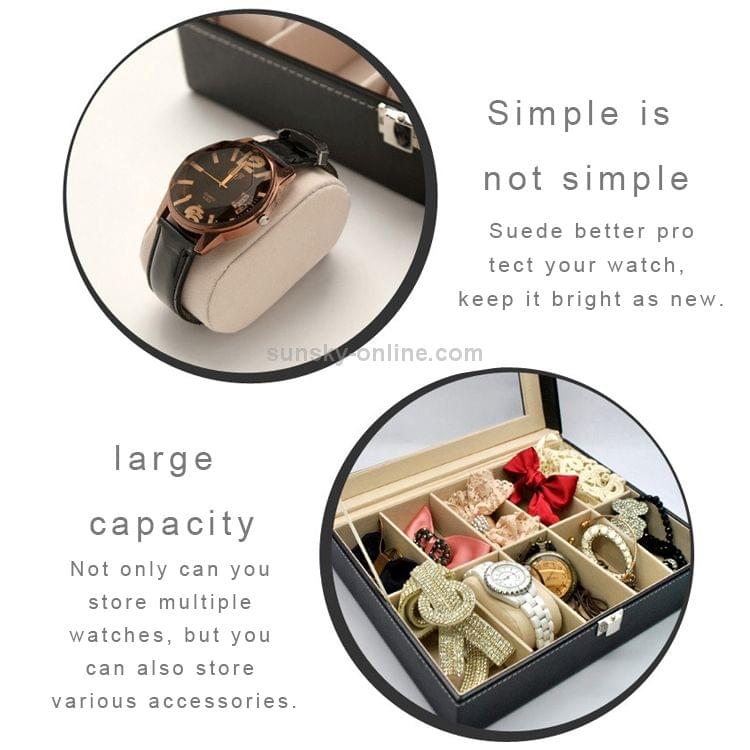 Watch Box 10 Slots Pu Leather Display Glass Top Jewelry Case Organizer Box(Black)