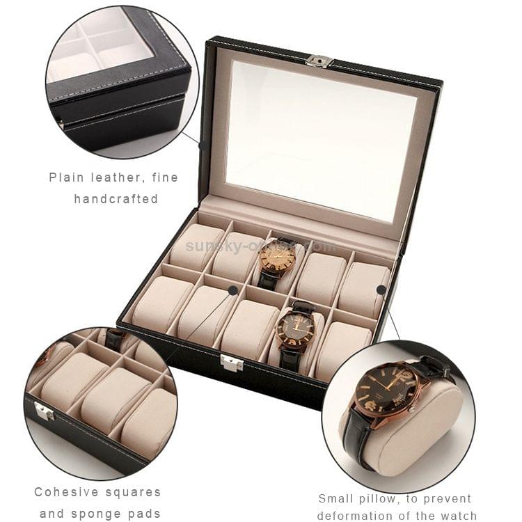 Watch Box 10 Slots Pu Leather Display Glass Top Jewelry Case Organizer Box(Black)