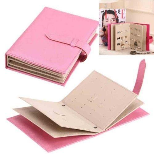 Leather Originality Ear Nail Storage Organizer Book Earring Cabinet Gift Case (Pink)