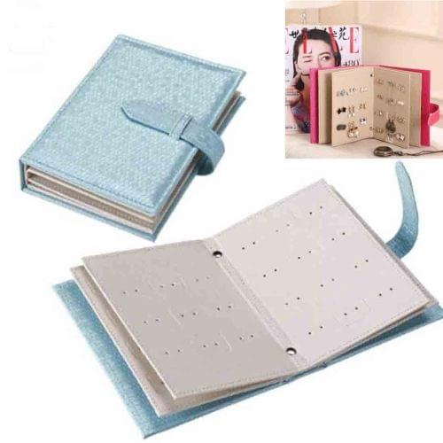 Leather Originality Ear Nail Storage Organizer Book Earring Cabinet Gift Case (Blue)