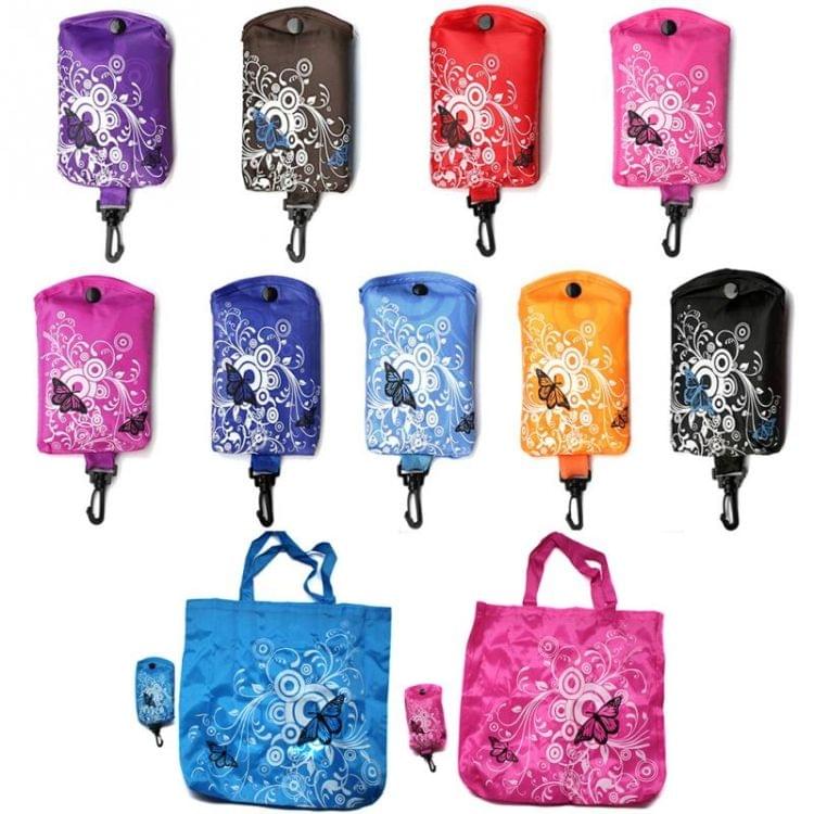 12 PCS Foldable Shopping Bag Butterfly Flower Oxford Fabric Shoulder Bag PortableGrocery Bags Reusable Tote for Ladies(red)