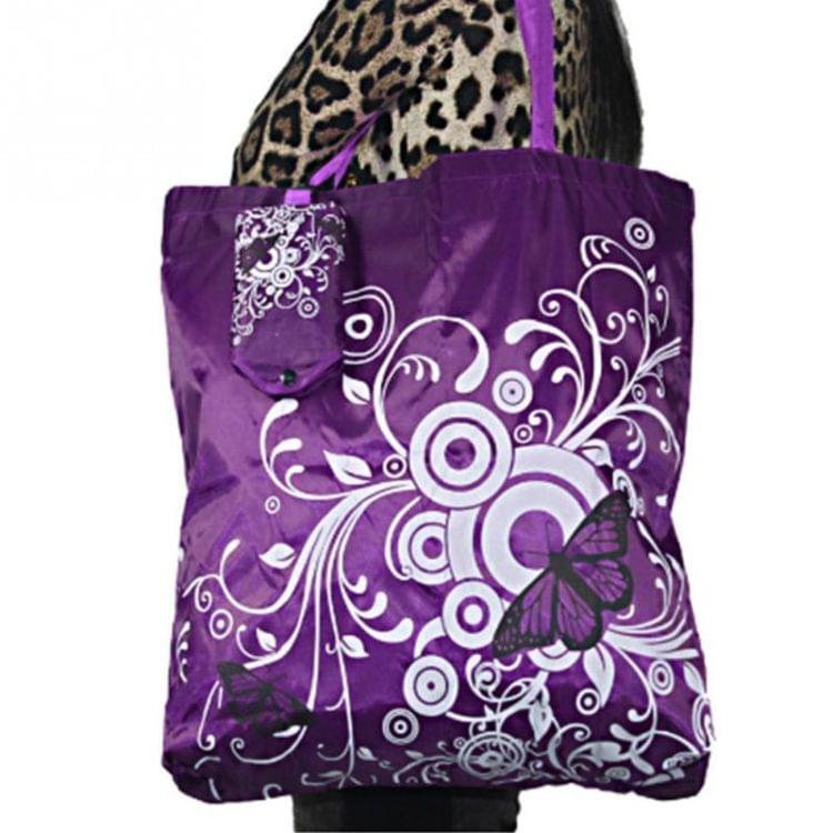12 PCS Foldable Shopping Bag Butterfly Flower Oxford Fabric Shoulder Bag PortableGrocery Bags Reusable Tote for Ladies(purple red)