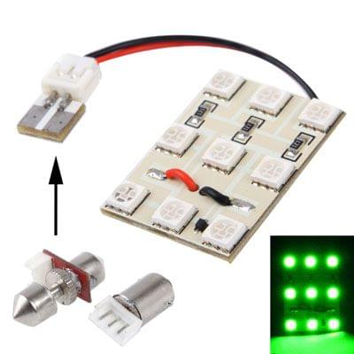 Green 9 LED Car Interior Lamp with T10 Dome + BA9S Festoon Adapter