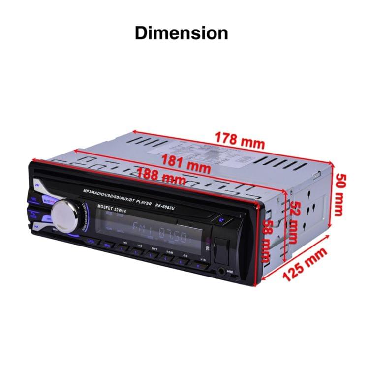 RK-6883U Single Din Car Audio FM Radio Stereo Receiver Bluetooth MP3 Player, Support USB / SD Card / AUX, with Detachable Panel