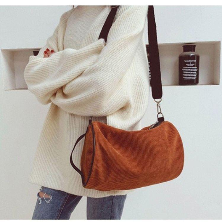 Soft Velvet Shoulder Sports Gym Handbag Travel Bag (Brown)