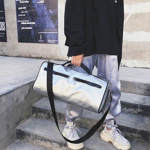 PU Leather Shoulder Travel Bag Leisure Sport Handbag with Shoes Socket (Silver)