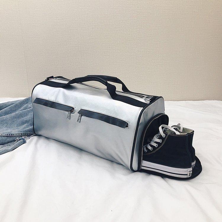 PU Leather Shoulder Travel Bag Leisure Sport Handbag with Shoes Socket (Silver)