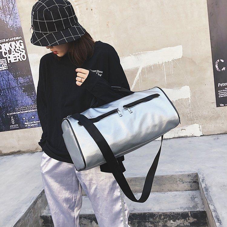 PU Leather Shoulder Travel Bag Leisure Sport Handbag with Shoes Socket (Silver)