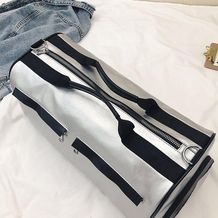 PU Leather Shoulder Travel Bag Leisure Sport Handbag with Shoes Socket (Silver)
