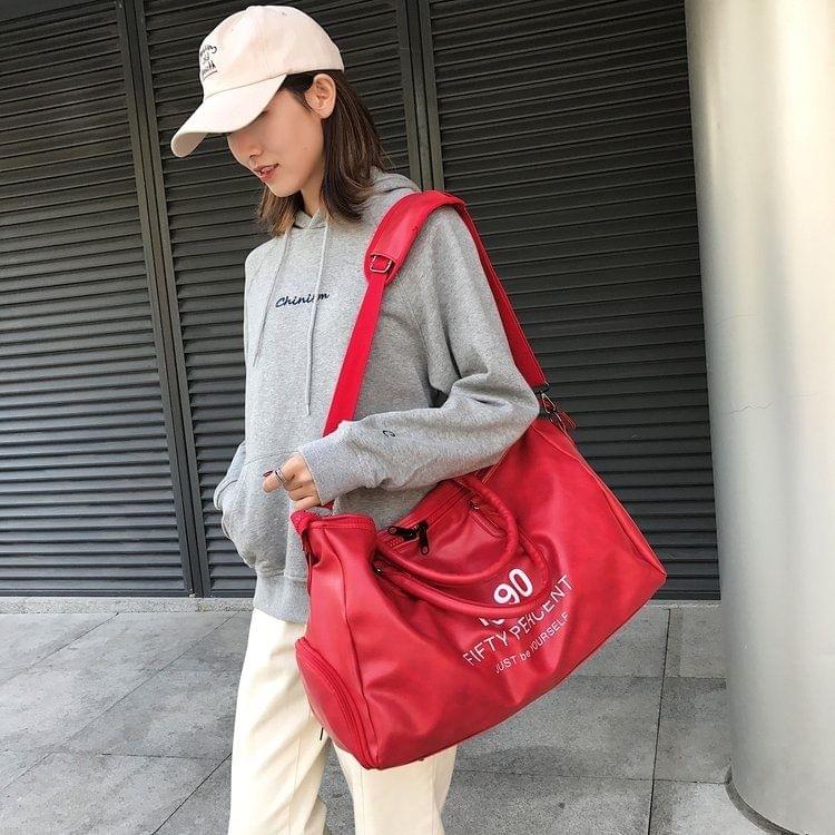 PU Leather Shoulder Travel Bag Leisure Sport Handbag with Shoes Socket (Color:Red Size: + L)