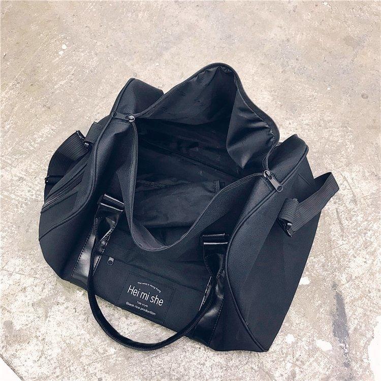 Oxford Shoulder Travel Bag Leisure Sport Handbag with Shoes Socket (Black)