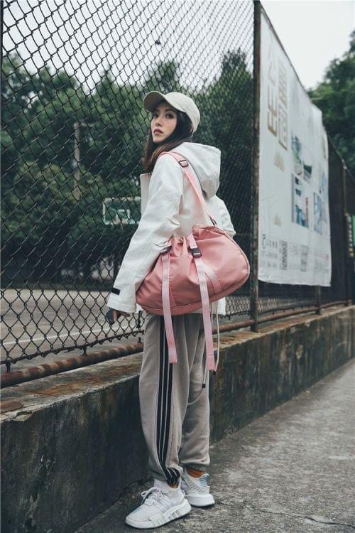Drawstring Nylon Shoulder Travel Bag Leisure Sport Handbag (Pink)