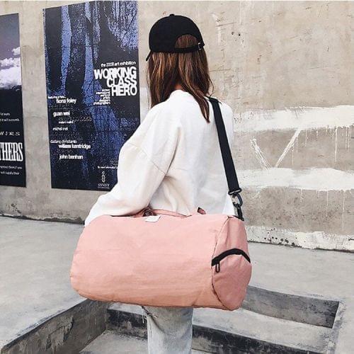 Nylon Shoulder Travel Bag Leisure Sport Handbag with Shoes Socket (Pink)