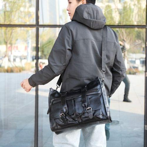 PU Leather Shoulder Travel Bag Leisure Men Handbag (Black)