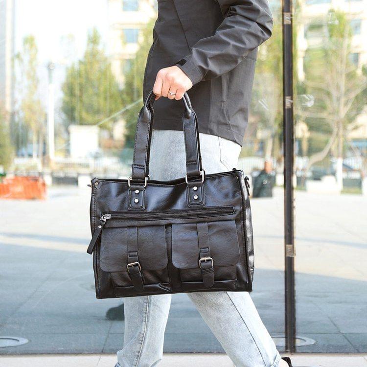 PU Leather Shoulder Travel Bag Leisure Men Handbag (Black)