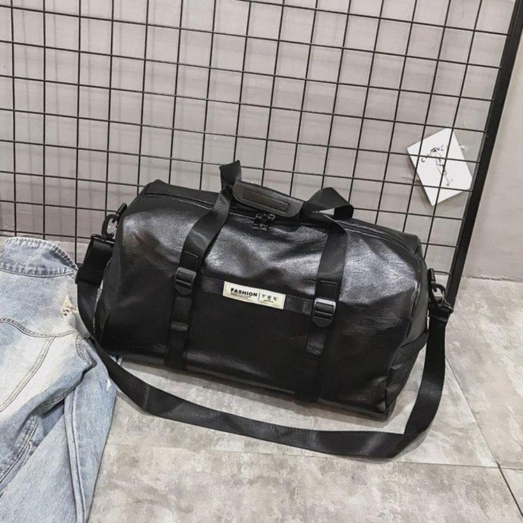 PU Leather Shoulder Travel Bag Leisure Sport Handbag with Shoes Socket (Black)