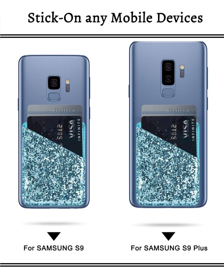 MUXMA  Sequin Leather Pocket Card Mini Mobile Phone Case 3M Plastic Credit Card Mobile Phone Back Stickers Card Package Card Sets (Blue)