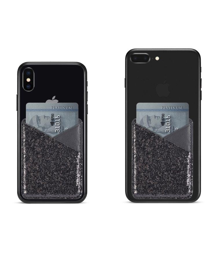 MUXMA  Sequin Leather Pocket Card Mini Mobile Phone Case 3M Plastic Credit Card Mobile Phone Back Stickers Card Package Card Sets (Black)