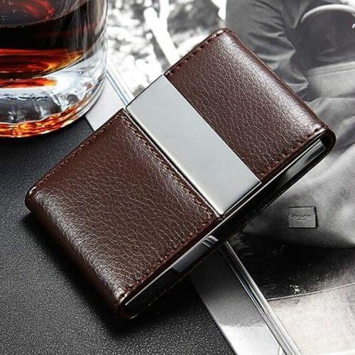 Double Open Stainless Steel Litchi Texture Card Case Card Holder(Coffee)